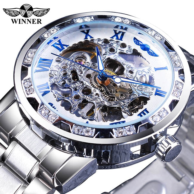 Winner Transparent Diamond Mechanical Watch Blue Stainless Steel Skeleton Watch