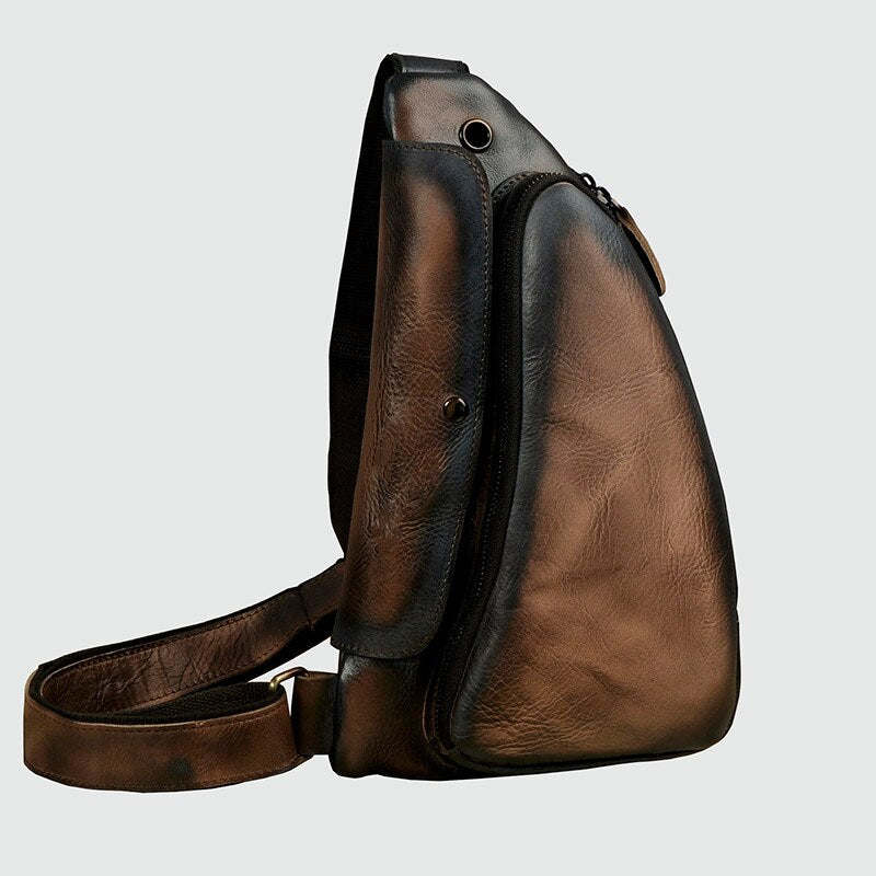 Men Original Real Leather Casual Fashion Coffee Travel Triangle Chest Sling Bag
