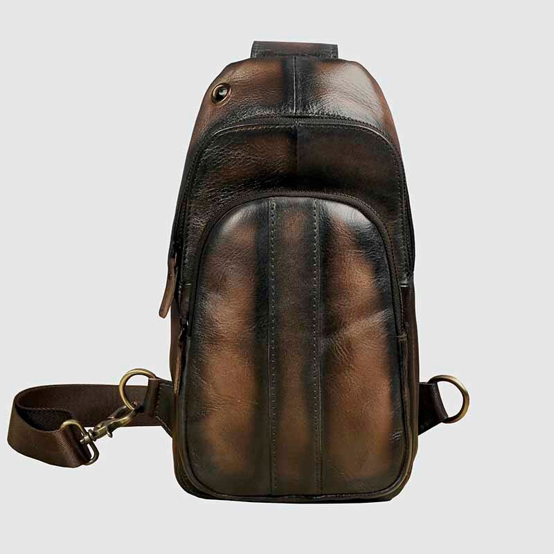 Men Retro Original Leather Casual Design Chest Sling Bag Fashion Travel One Shoulder Bag 8" Tablet Umbrella Daypack Male 8006