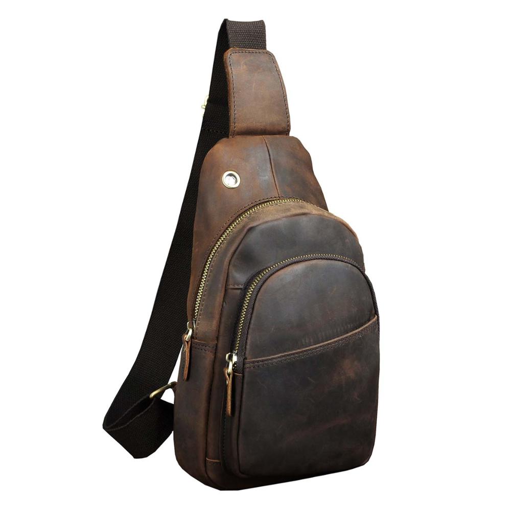 Men Genuine Leather Coffee Vintage Triangle Chest Bag Sling Bag Design Daypack One Shoulder Bag Fashion Cross-body Bag Male 008