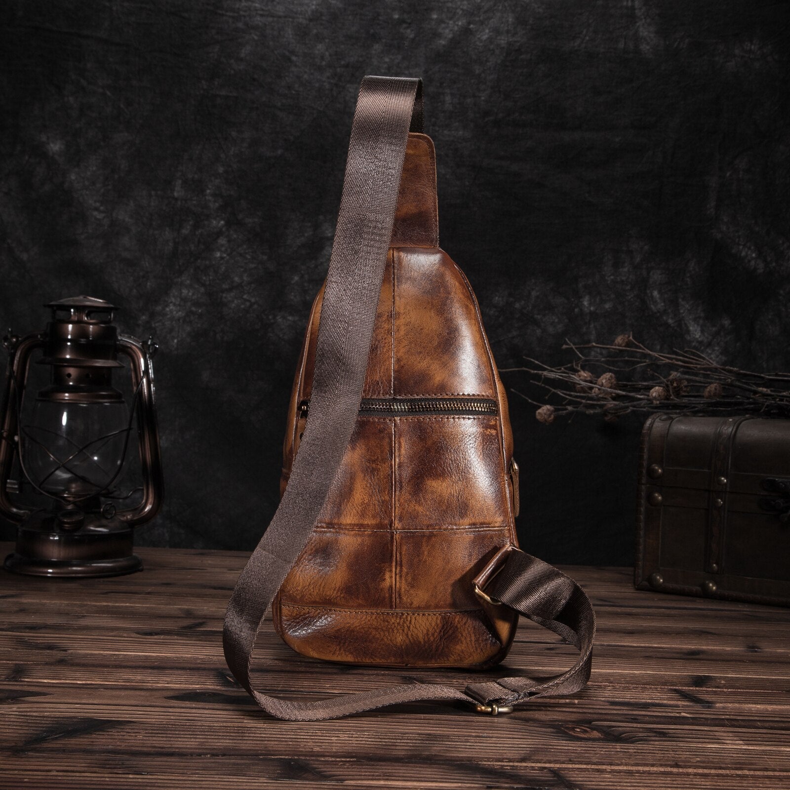 Men Leather Casual Fashion Triangle Chest Sling Bag 8" Tablet Brown Travel Design One Shoulder Bag Cross body Bag Male 010G