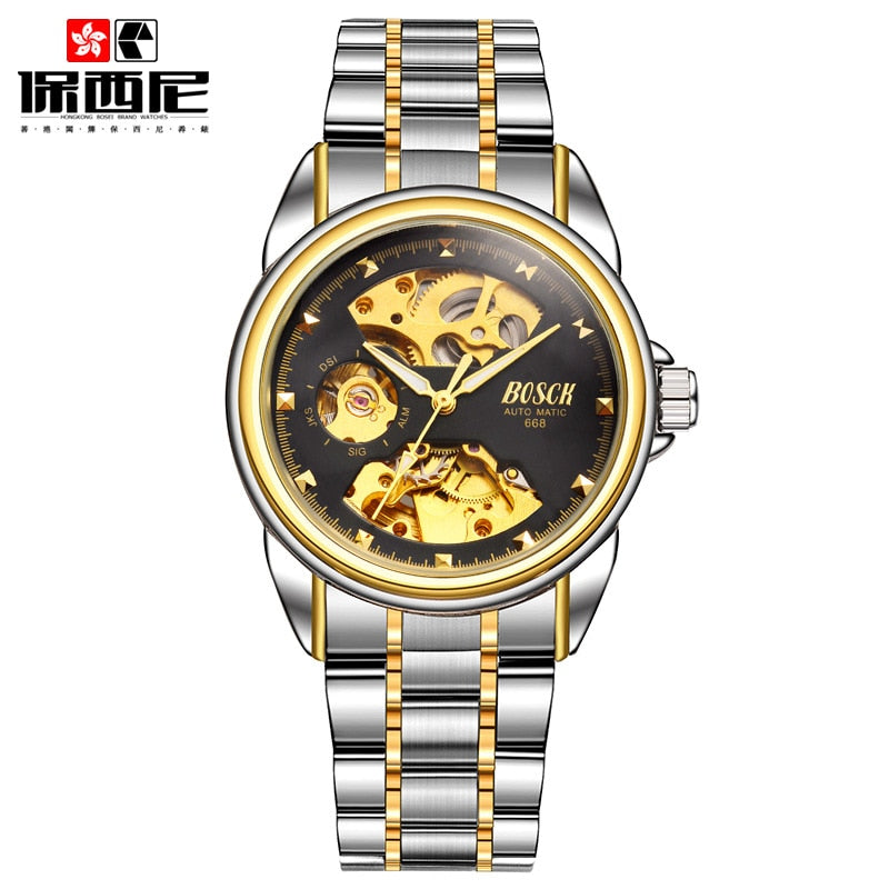 Men's Watches Automatic Mechanical Gold Watch Male Skeleton Dial Waterproof Stainless Steel Band Bosck Sports Watches Self Wind