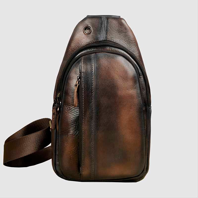 Men Leather Casual Fashion Triangle Chest Sling Bag 8" Tablet Brown Travel Design One Shoulder Bag Cross body Bag Male 010G