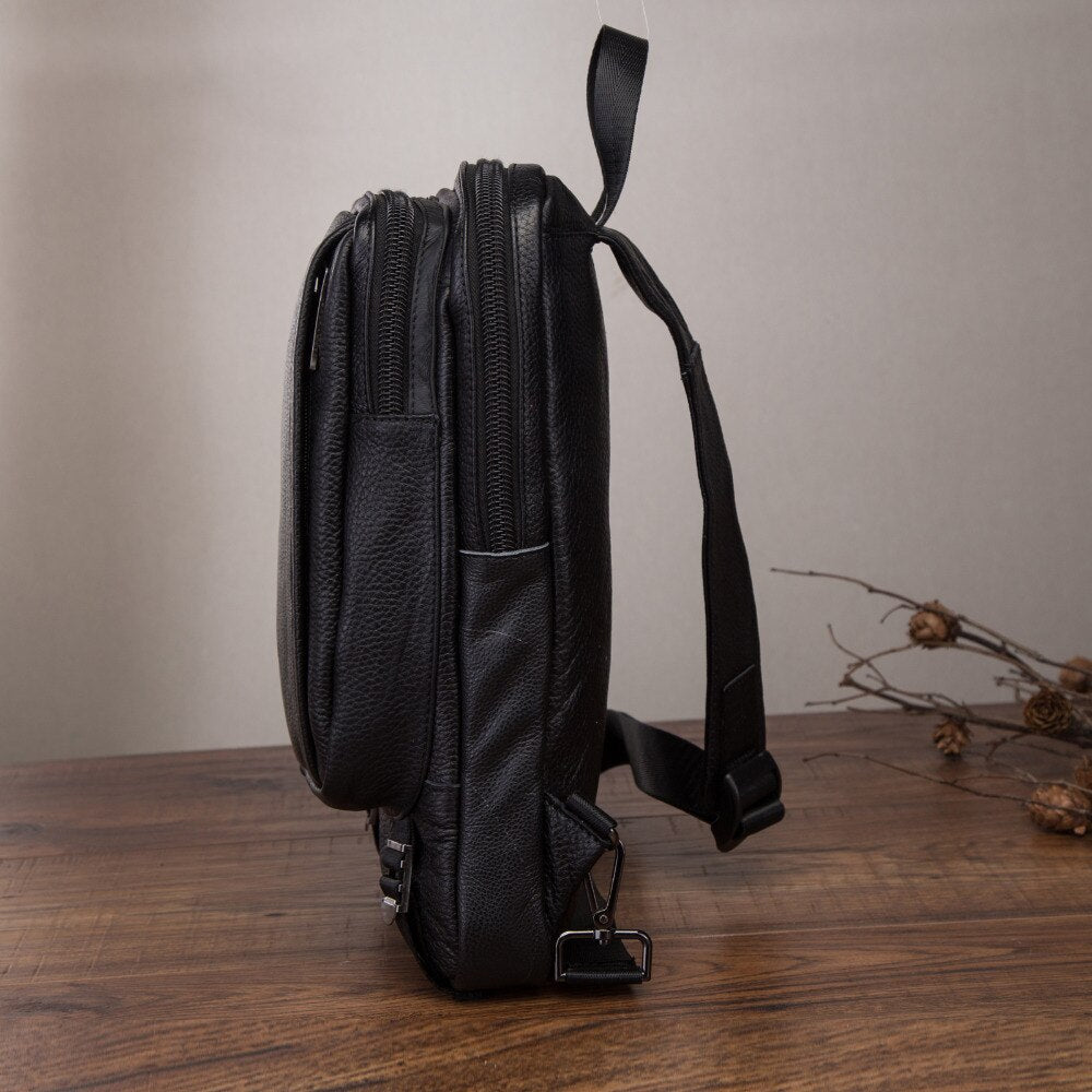 Hot Sale Men Original Leather Casual Fashion Chest Sling Bag 10" Tablet Design Travel One Shoulder Cross body Bag Black 3080-3