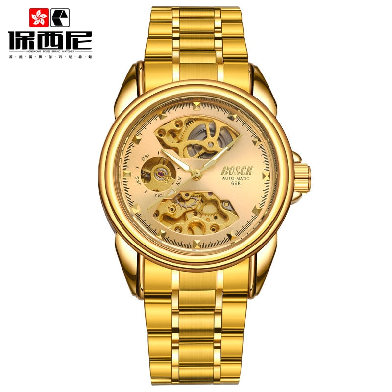 Men's Watches Automatic Mechanical Gold Watch Male Skeleton Dial Waterproof Stainless Steel Band Bosck Sports Watches Self Wind