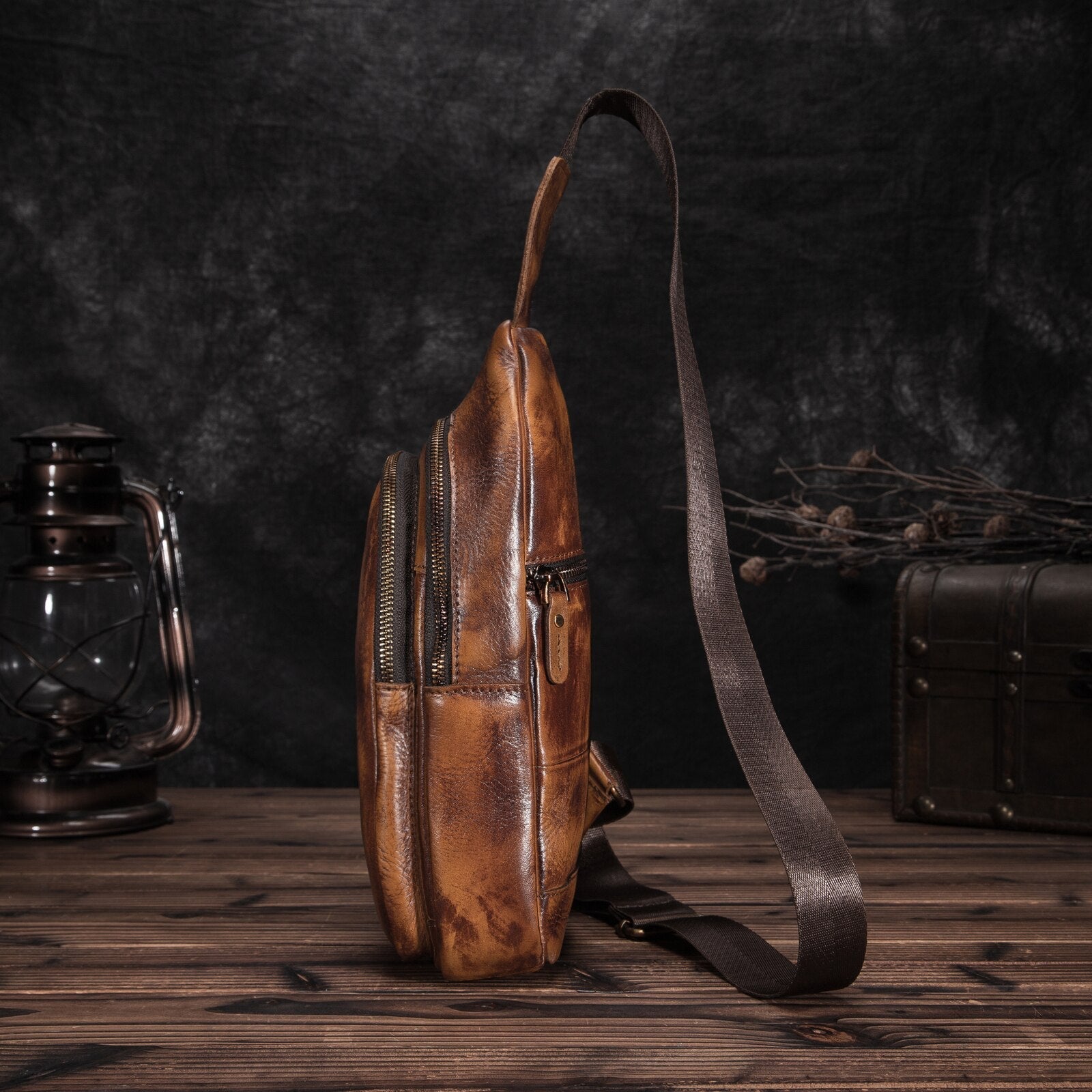 Men Leather Casual Fashion Triangle Chest Sling Bag 8" Tablet Brown Travel Design One Shoulder Bag Cross body Bag Male 010G