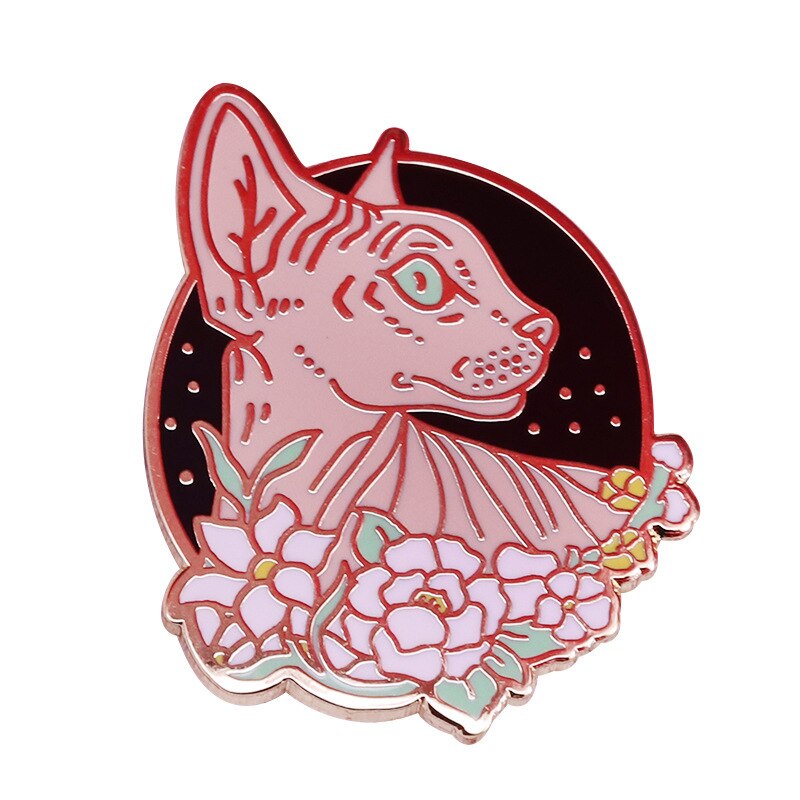 Cute Hairless Cat Badge with Sphinx and Flower Brooch