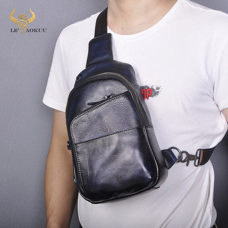 Hot Sale Men Genuine Real Leather Casual Travel Chest Sling Bag Design One Shoulder Bag Fashion Blue Cross-body Bag Male 8010