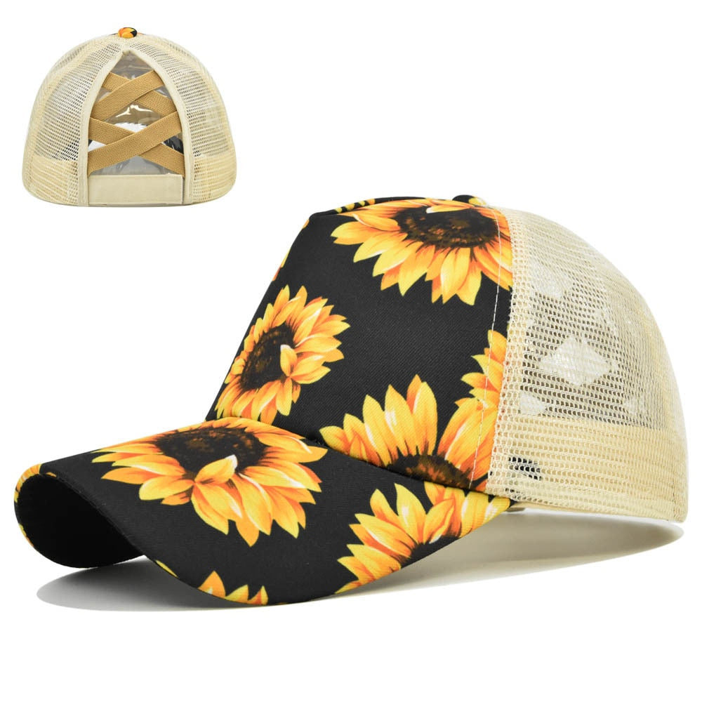 2021 New Sunflower Rainbow Stripes Baseball Cap Mesh Hollow Criss Cross Ponytail Dad Hat