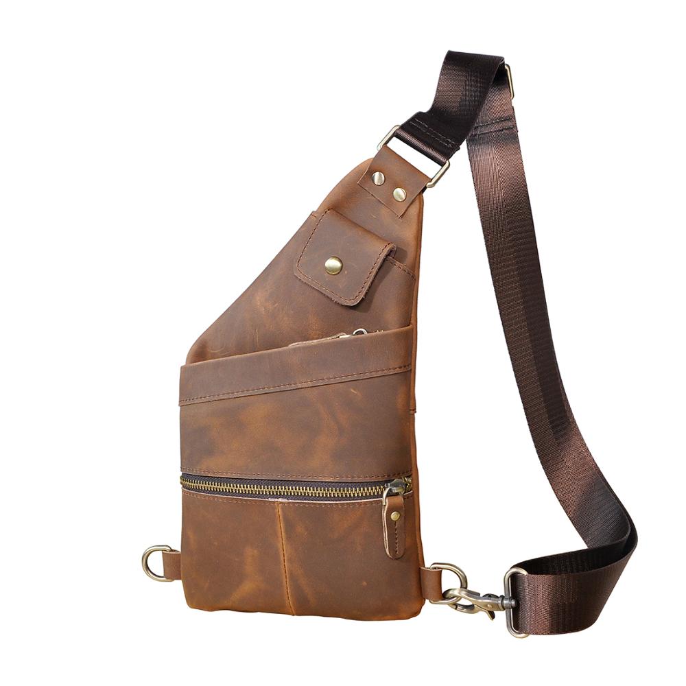 Men Crazy Horse Leather Casual Fashion Triangle Chest Sling Bag 8" Tablet Travel Design One Shoulder Cross body Bag Male 20815