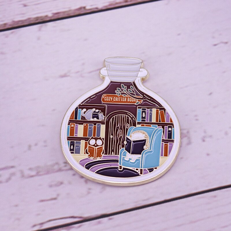 Cozy little animal library brooch cute hedgehog reading badge