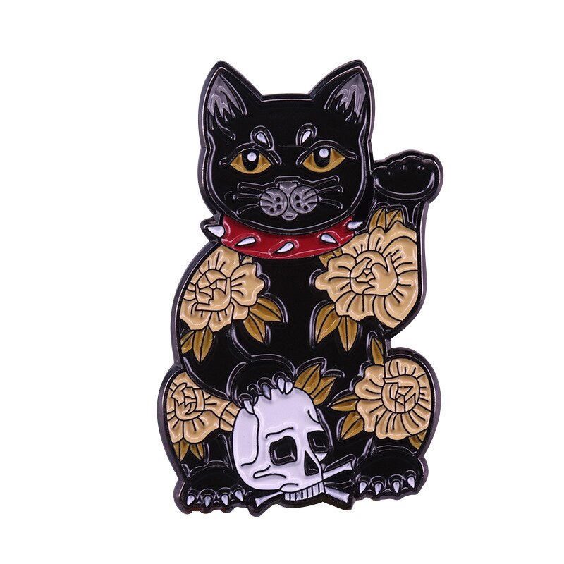 Cute lucky cat brooch skull and flower badge