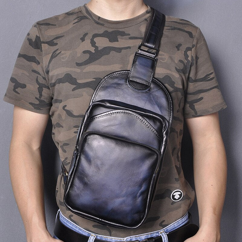 Le'aokuu Men Crazy Horse Leather Casual Vintage Fashion Blue Chest Sling Bag Design One Shoulder Crossbody Bag For Male 9977