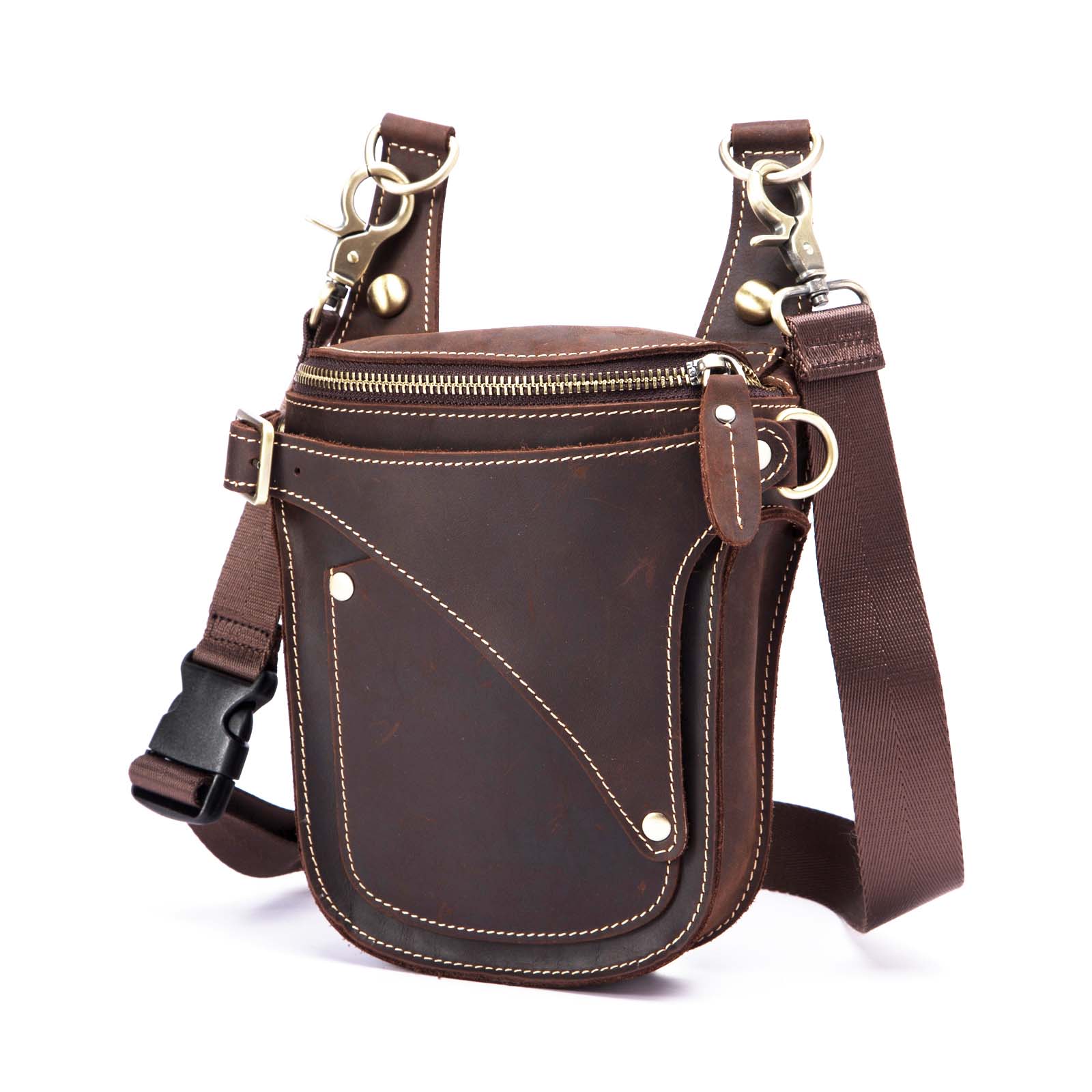 Unisex Fashion Crazy Horse Quality Leather 7" Motorcycle Riding Drop Leg Bag Design Travel Fanny Belt Waist Pack Case 9326-d