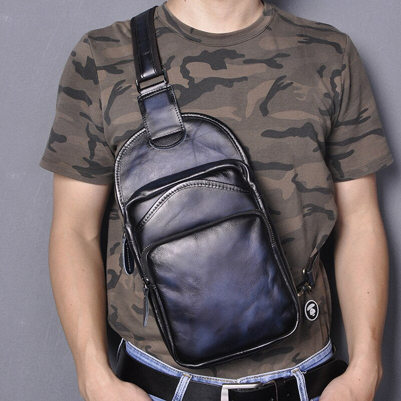 Le'aokuu Men Top Quality Leather Casual Vintage Fashion Coffee Chest Sling Bag Design One Shoulder Cross-body Bag For Male 9977