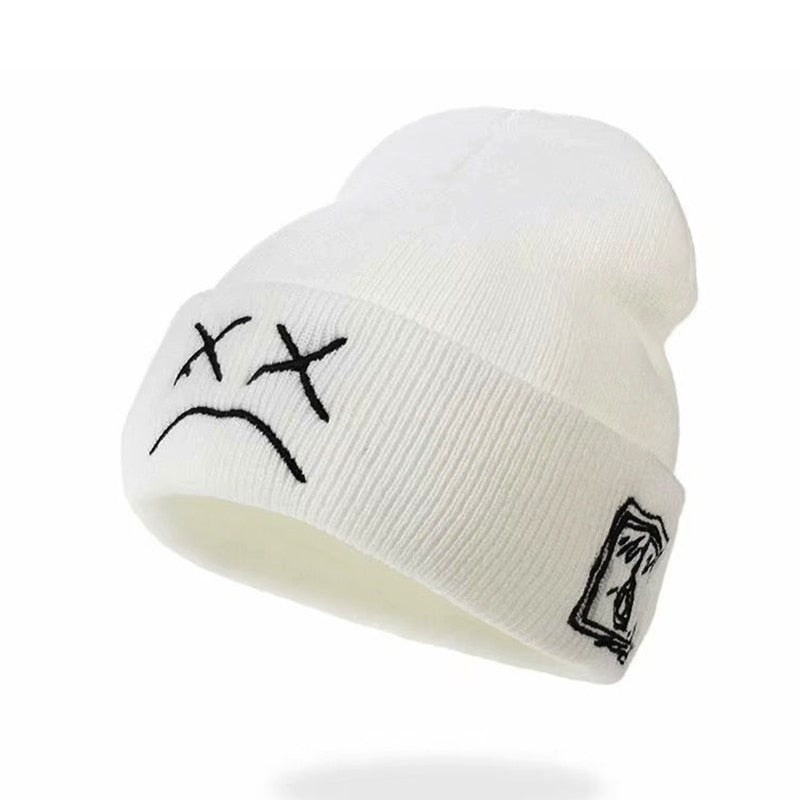 Beanie, Knitted Hat, hip-hop style, Embroidered Knitted hat with sad Expression, Warm Woolen hat for men and women