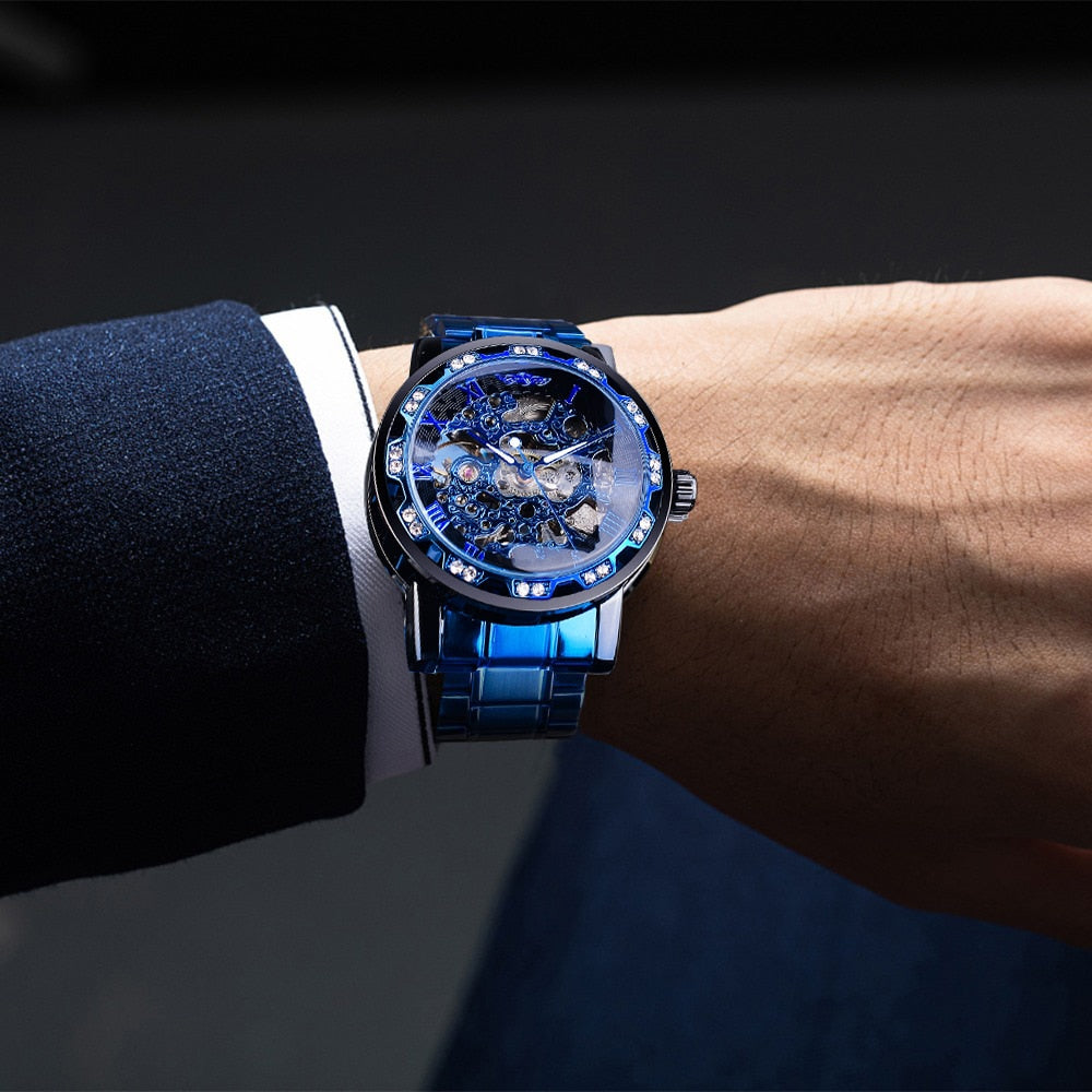 Winner Transparent Diamond Mechanical Watch Blue Stainless Steel Skeleton Watch