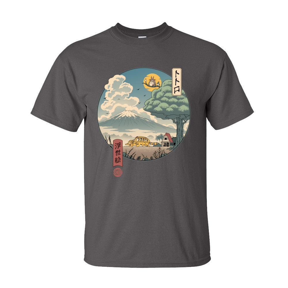 Neighbors Ukiyo-e Cotton Fabric T-Shirt for Men Classic Japan Style Short Sleeve T Shirt Popular Anime Totoro Tshirt
