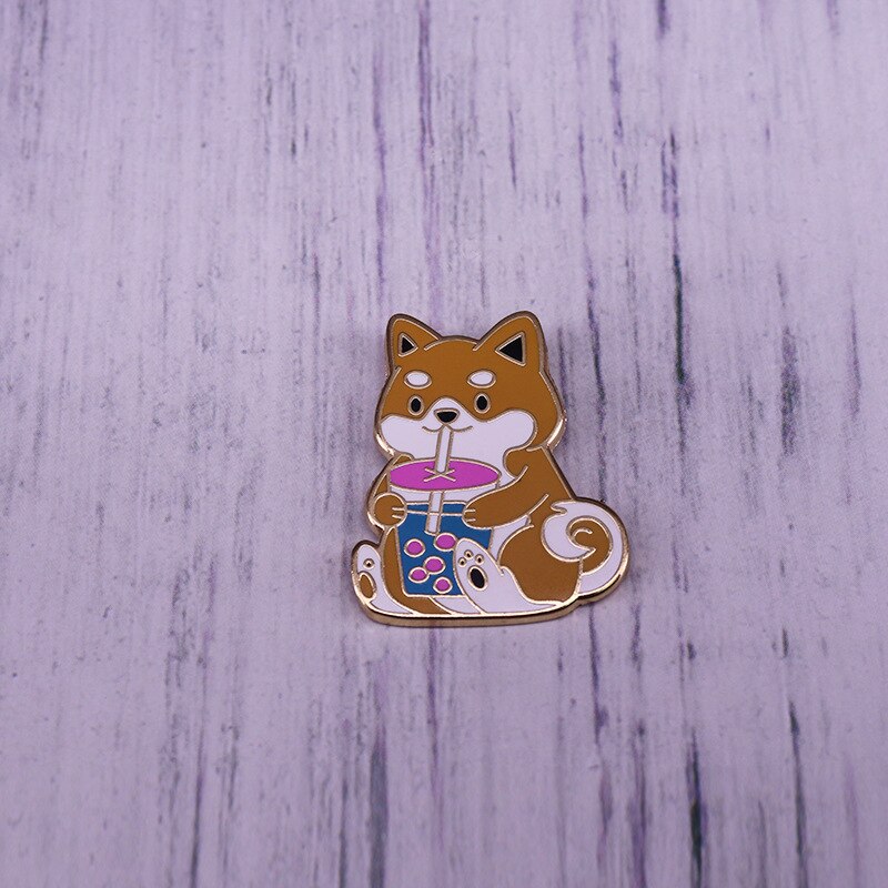 Cute Corgi Cat Drinking Pearl Milk Tea Brooch Funny Animal Badge