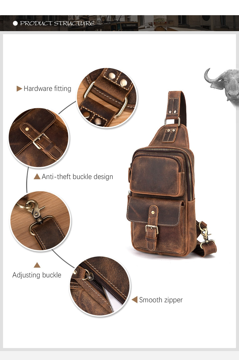 Hot Sale Real Quality Leather Vintage Triangle Chest Sling Bag 8" Tablet Design