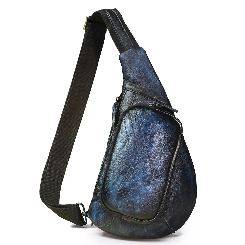 New Men Genuine Leather Fashion Blue Sling Chest Bag 8" Tablet Umbrella Design One Shoulder Bag Cross body Bag Male 8810