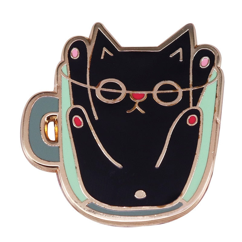 Cute teacup cat brooch cartoon Black cat badge coffee lovers accessories