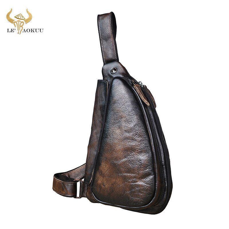 Men Original Real Leather Casual Fashion Coffee Travel Triangle Chest Sling Bag