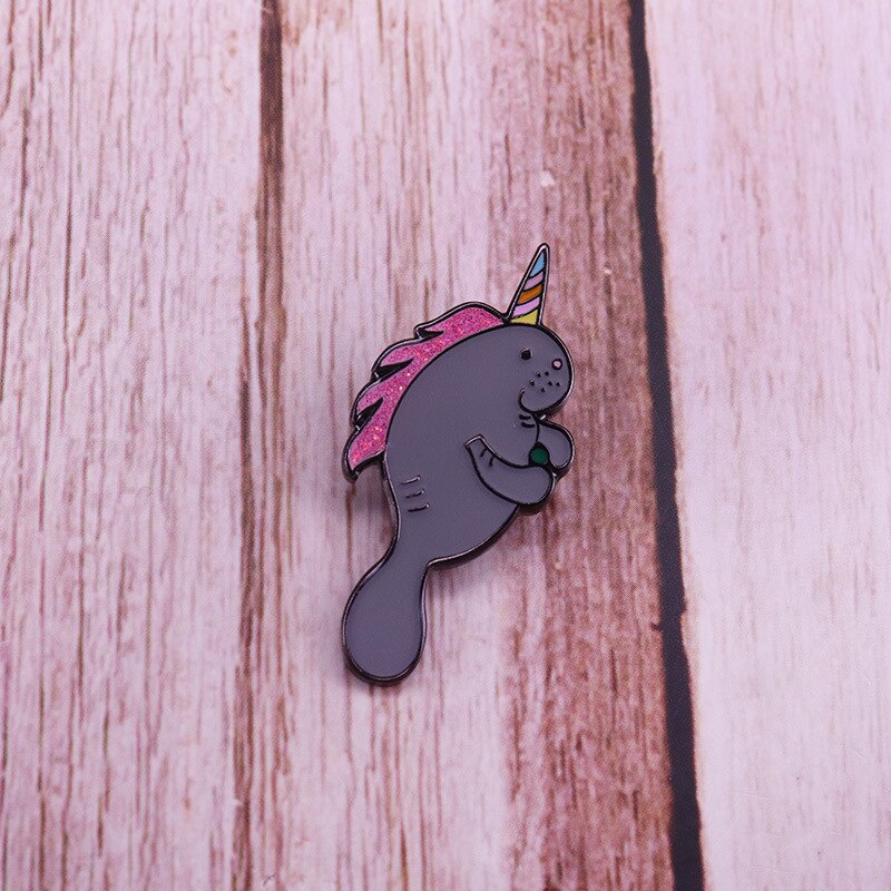 Cute Manatee Brooch with Party Hat Glitter Badge Marine Animal Art Pin