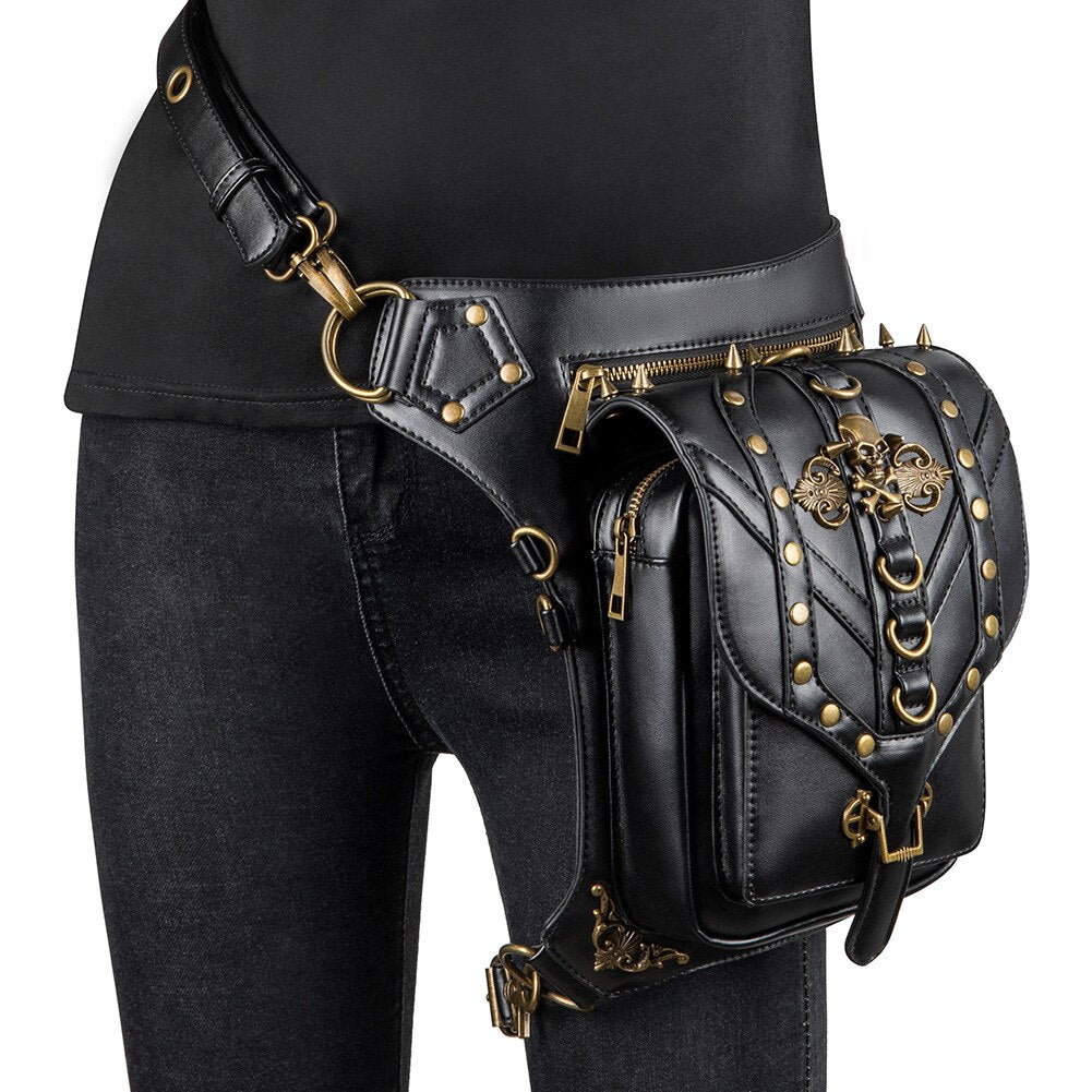 Lady Pockets Retro Messenger Bag Punk Vintage Steampunk Crossbody Women Shoulder Waistbag Men Hombre Skull Rivet Travel Leg Bags
