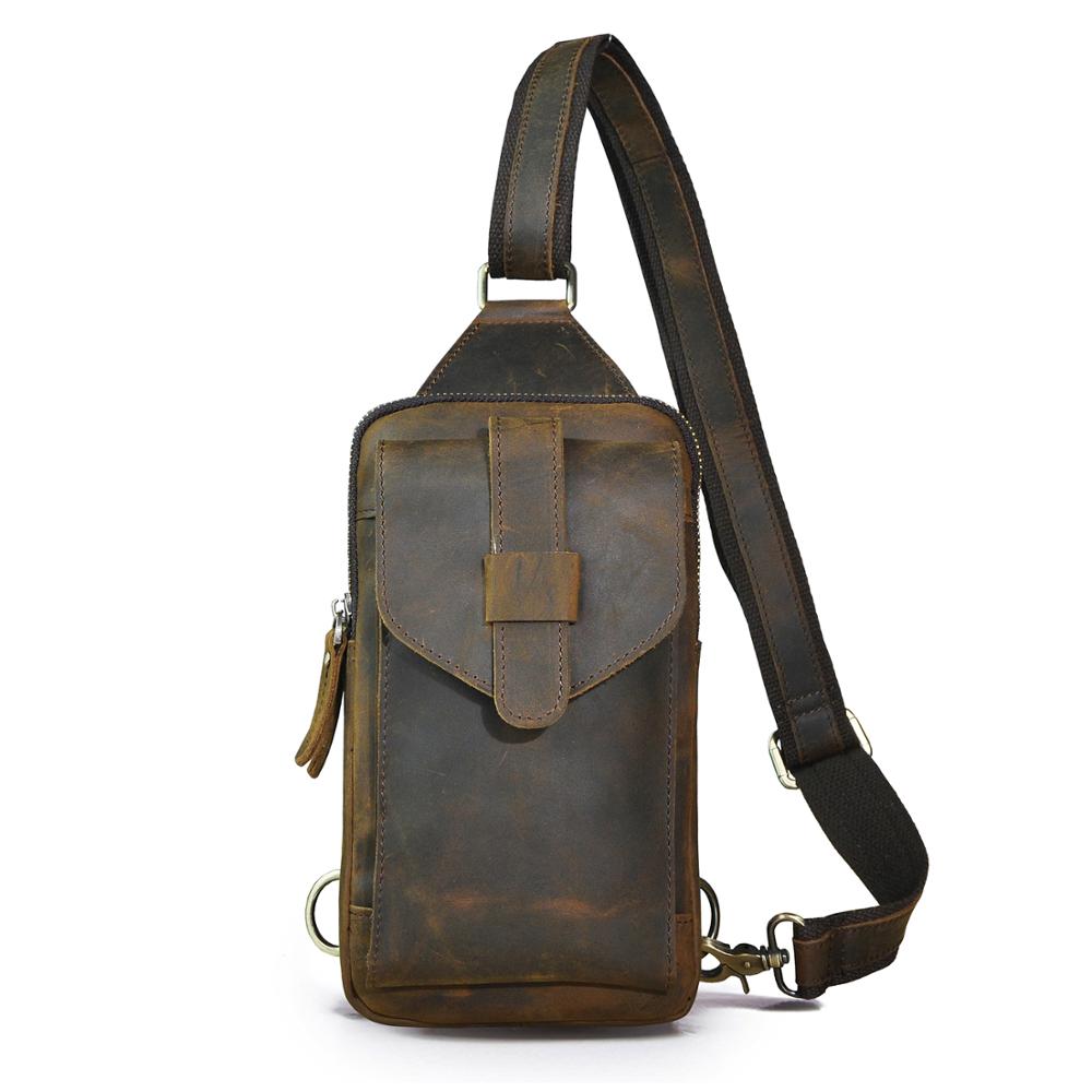 Men Original Real Leather Casual Fashion Coffee Triangle Chest Sling Bag Design