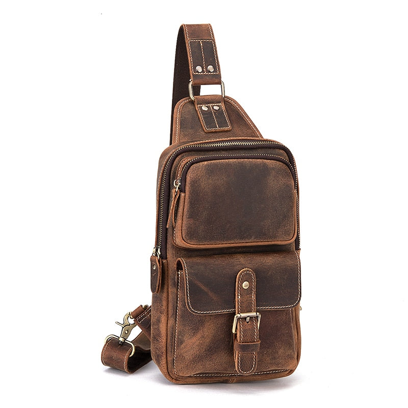 Hot Sale Real Quality Leather Vintage Triangle Chest Sling Bag 8" Tablet Design