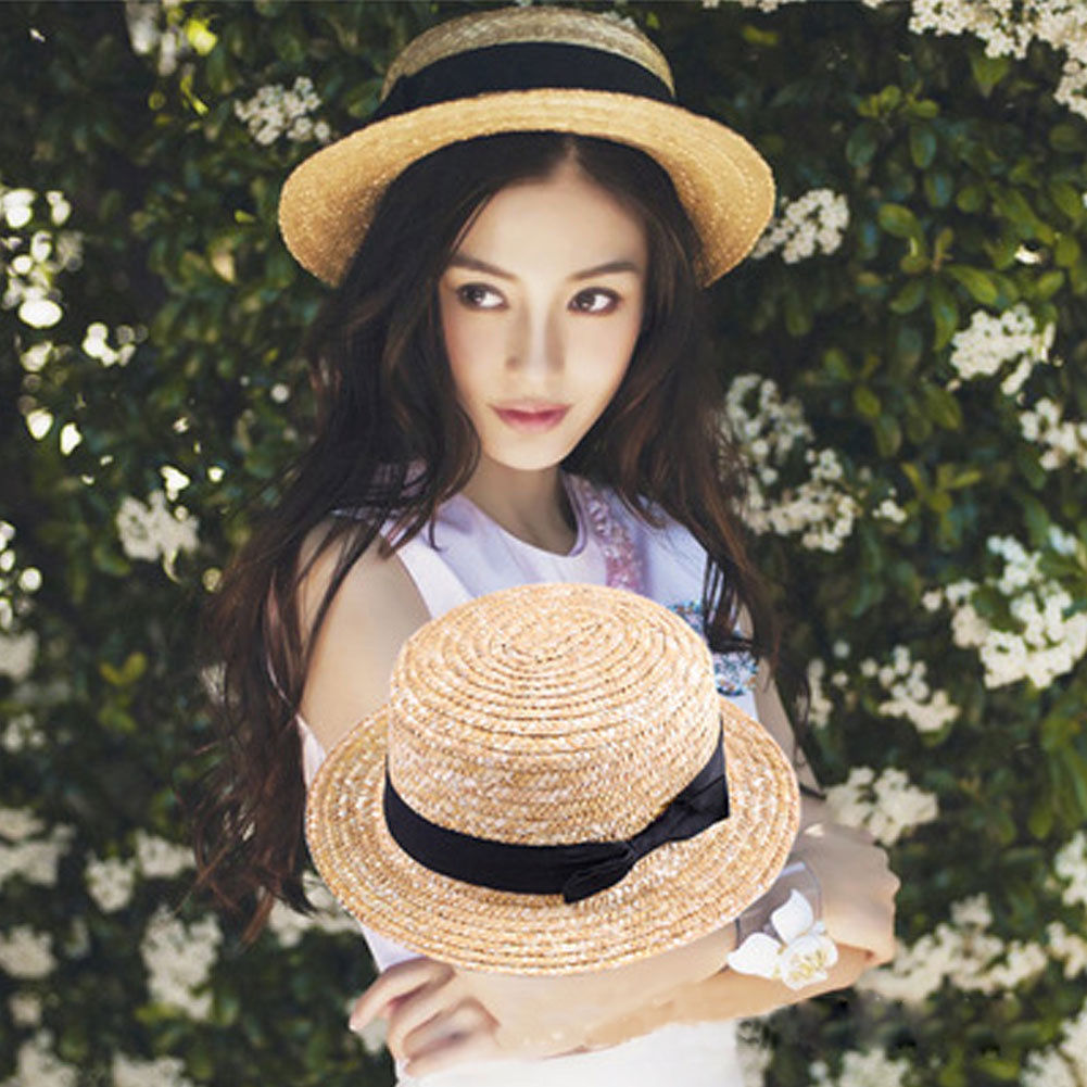 Family Hat Women's Kids Girls Straw Bowler Boater Sun Hat Round Flat Caps Brim Summer Beach