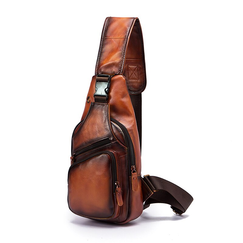 Hot Sale Soft Genuine Leather Fashion Triangle Sling Chest Bag For Men Female 8" Tablet Design One Shoulder Cross body Bag 8015