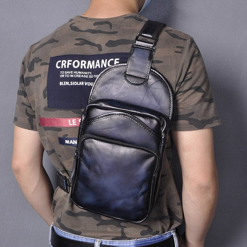 Le'aokuu Men Crazy Horse Leather Casual Vintage Fashion Blue Chest Sling Bag Design One Shoulder Crossbody Bag For Male 9977