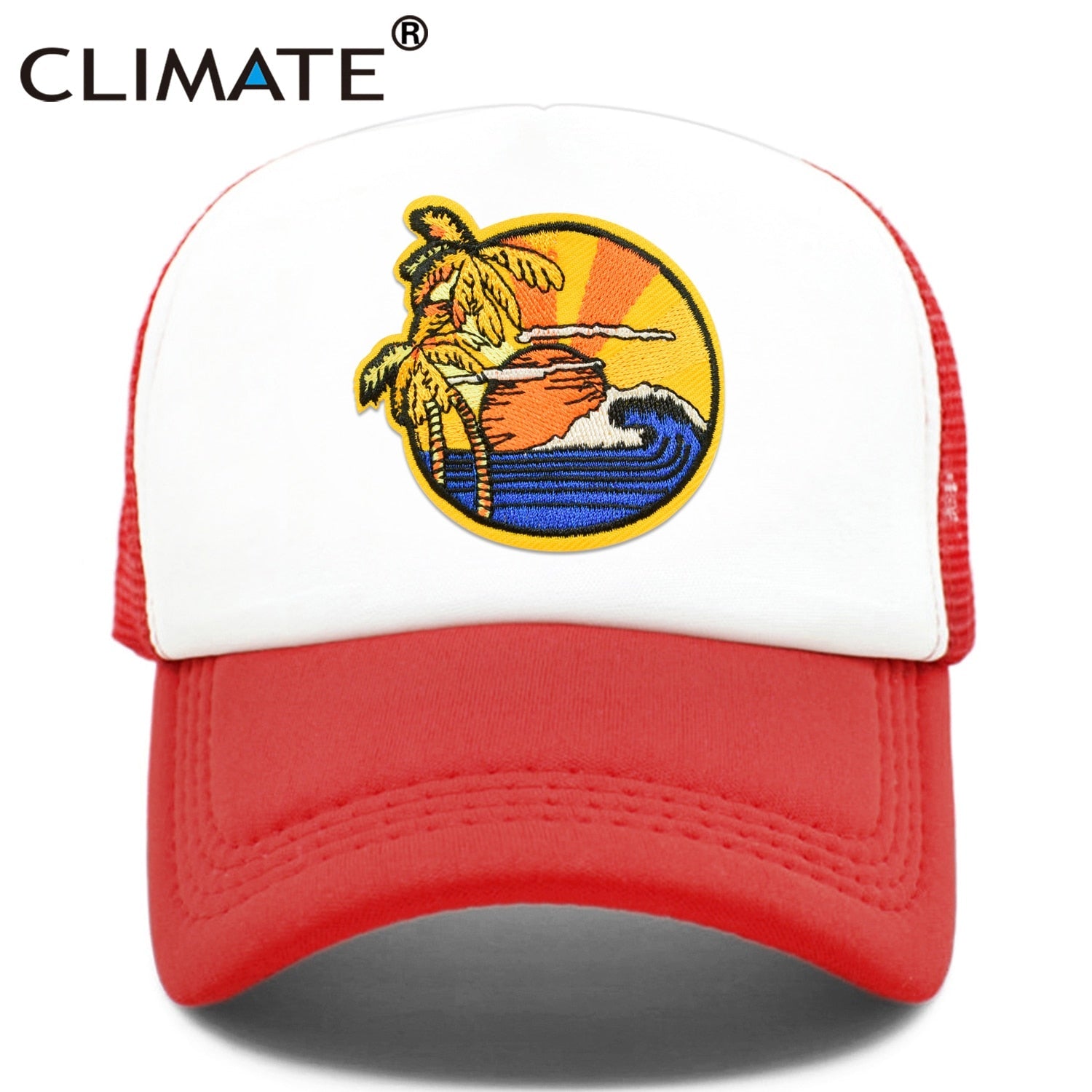 CLIMATE Seaside View Trucker Cap Hat Sandbeach Sight Vacation Cap Coconut Holiday Mesh Cap Surfing Sunrise Sea Wave Cool Hat Cap