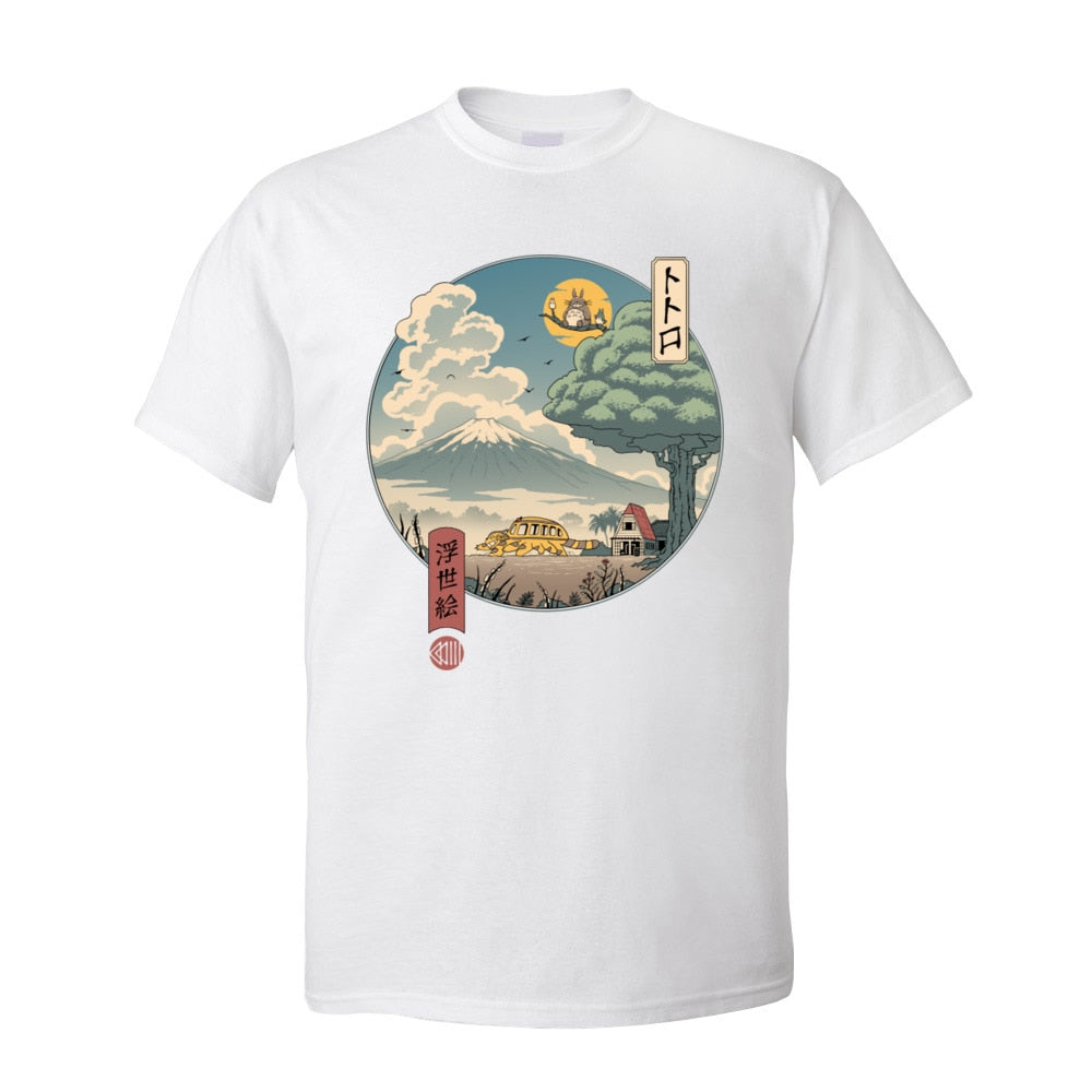Neighbors Ukiyo-e Cotton Fabric T-Shirt for Men Classic Japan Style Short Sleeve T Shirt Popular Anime Totoro Tshirt