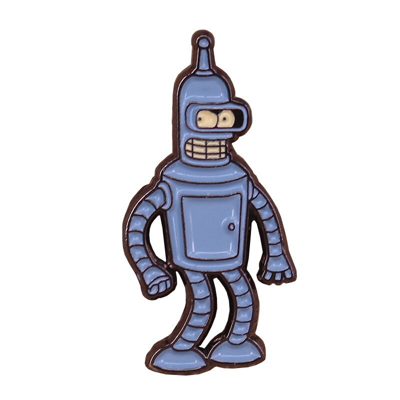 Cute battle robot brooch flies out of a futuristic comedy animation badge