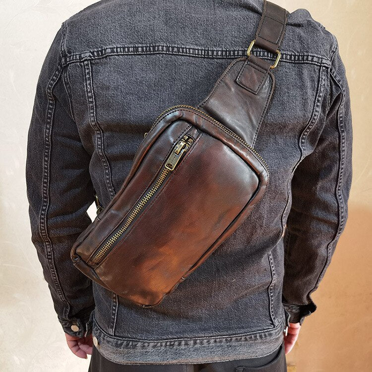 Genuine Cow Leather Biker Sling Chest Bag For Men 2021 Luxury Design Travel Cross-body Purse Daypack Male Motorcycle Punk Bag
