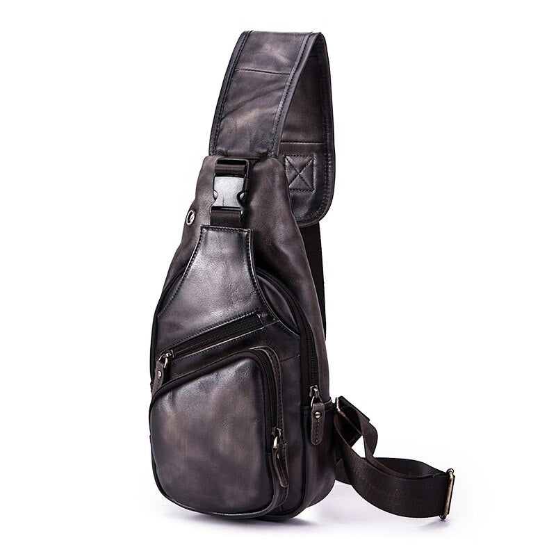 Hot Sale Soft Genuine Leather Fashion Triangle Sling Chest Bag For Men Female 8" Tablet Design One Shoulder Cross body Bag 8015