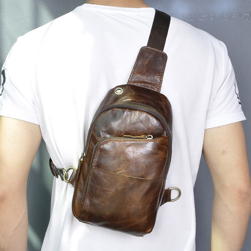 Hot Sale Men Genuine Real Leather Casual Travel Chest Sling Bag Design One Shoulder Bag Fashion Blue Cross-body Bag Male 8010