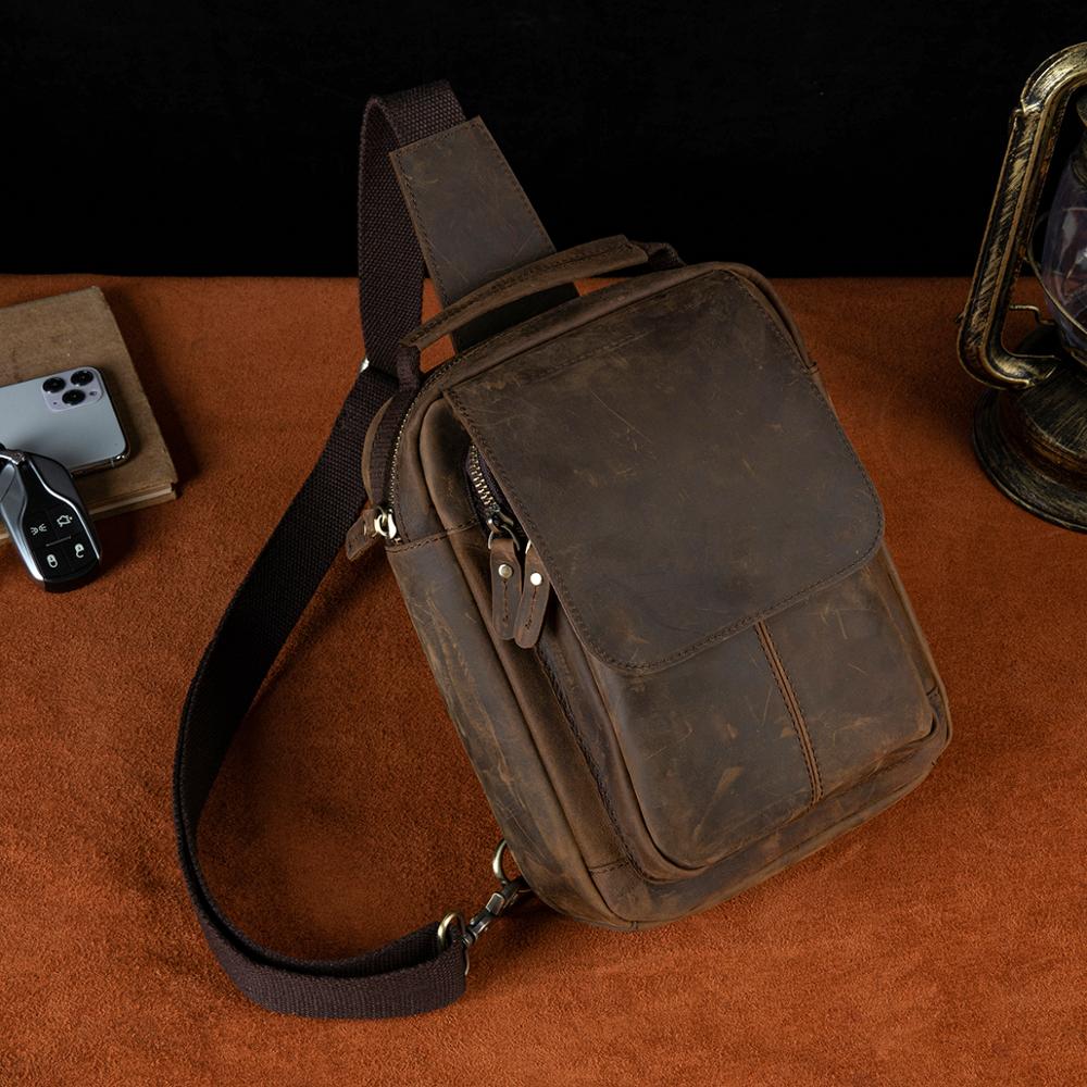 Full Grain Leather Fashion Triangle Chest Sling Bag 8" Tablet Travel Design Tote One Shoulder Cross body Bag For Men Male 20154