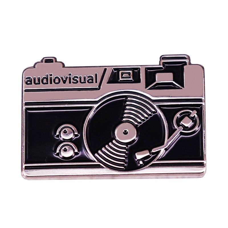 Black Retro Audiovisual Brooch SLR Film Camera Record Player Badge