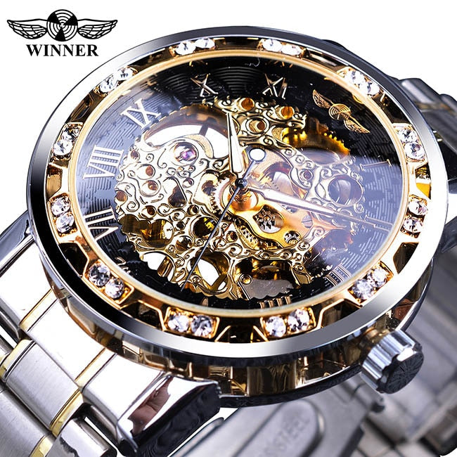 Winner Transparent Diamond Mechanical Watch Blue Stainless Steel Skeleton Watch