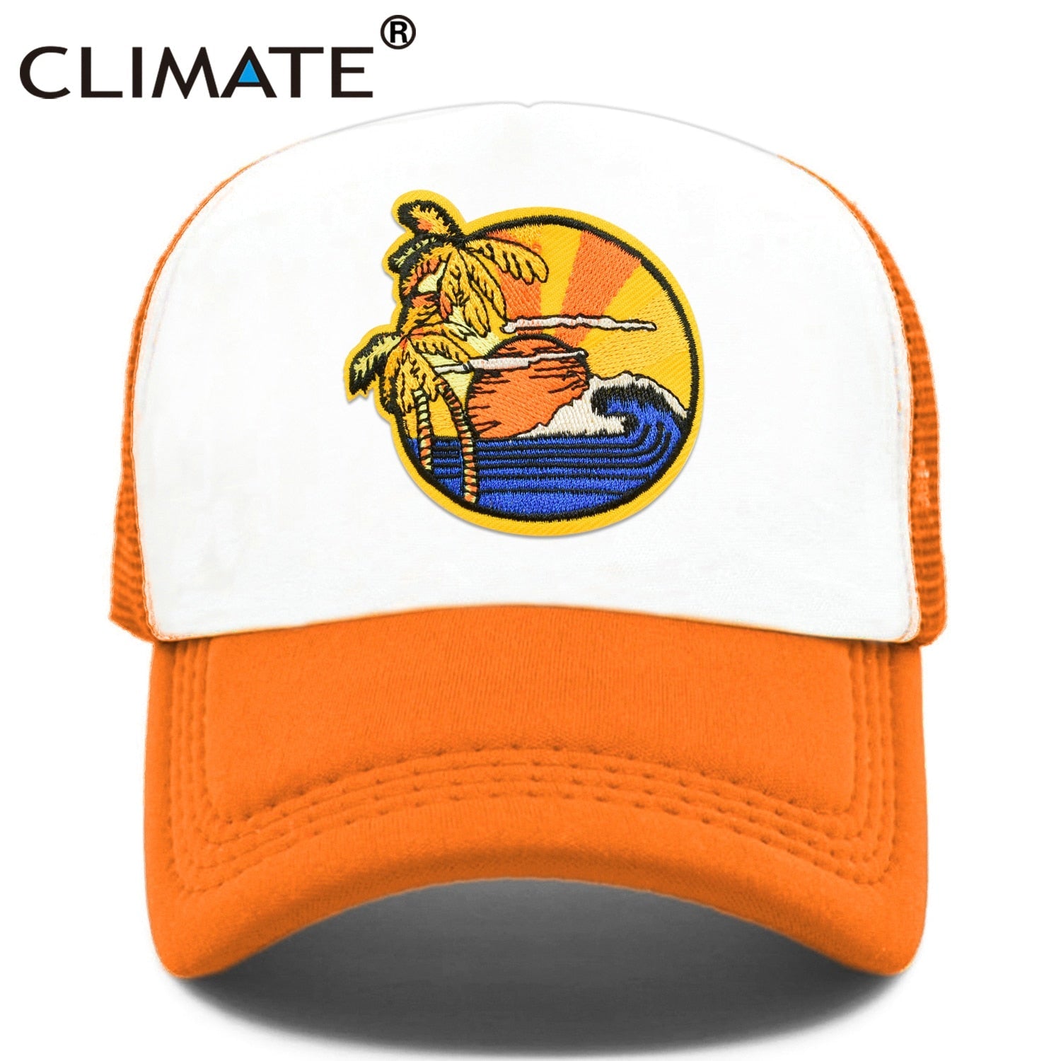 CLIMATE Seaside View Trucker Cap Hat Sandbeach Sight Vacation Cap Coconut Holiday Mesh Cap Surfing Sunrise Sea Wave Cool Hat Cap