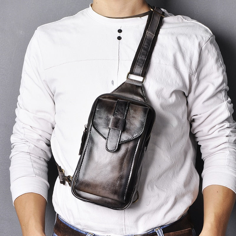 Men Original Real Leather Casual Fashion Coffee Triangle Chest Sling Bag Design