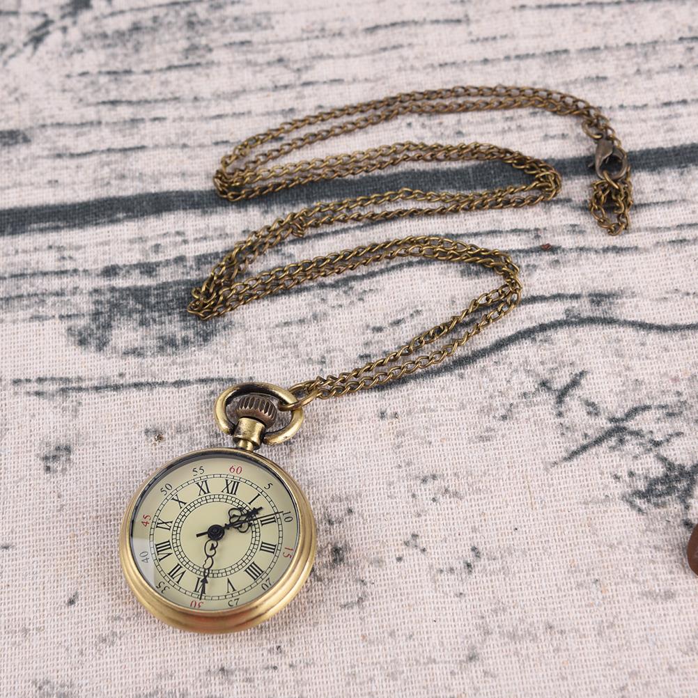 Pocket Watch Necklace Pendant Vintage Simple Style Steampunk Beige Dial Roman # 1 Inch