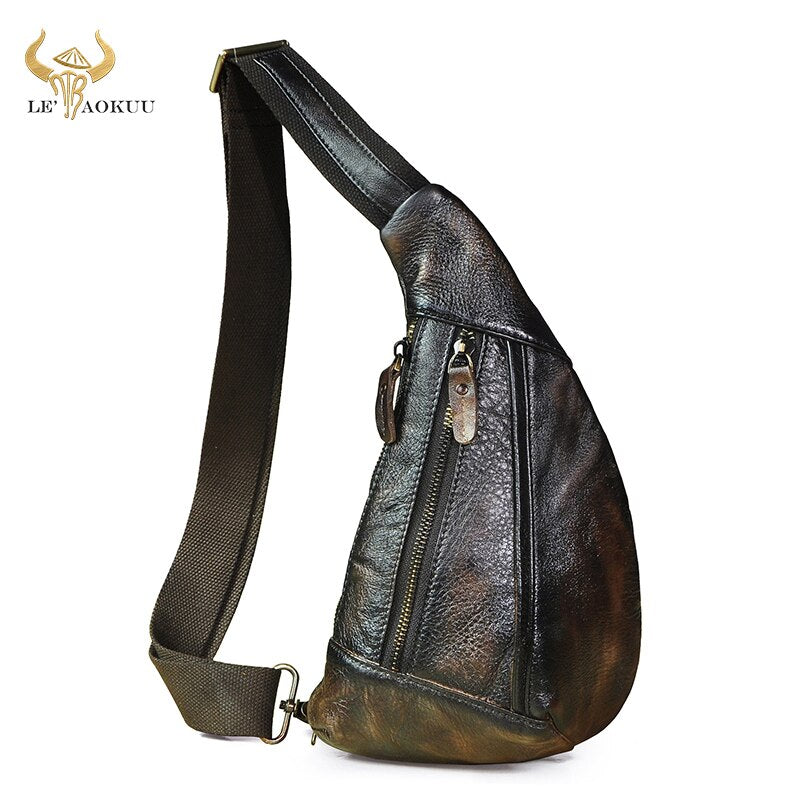 New Men Oil Wax Leather Fashion Blue Triangle Chest Sling Bag 8" Tablet Umbrella Design One Shoulder Cross-body Bag Male 8807