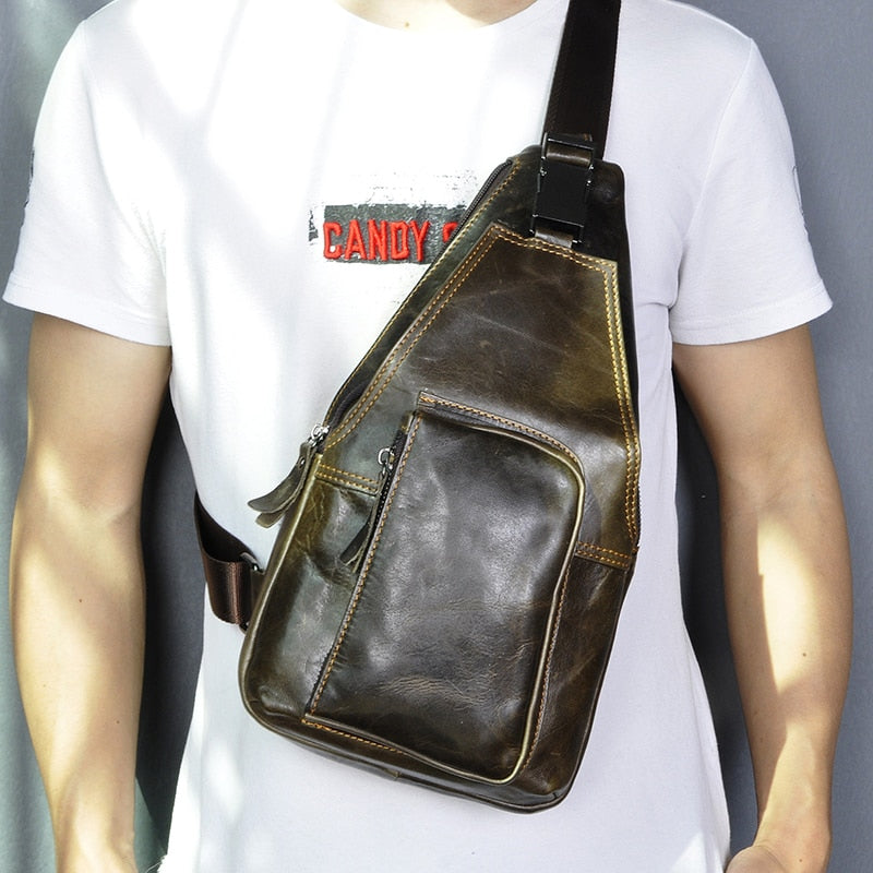 Men Crazy Horse Leather Casual Travel Chest Sling Bag Design Vintage One Shoulder Bag Cross-body Bag Day-pack For Male 8086