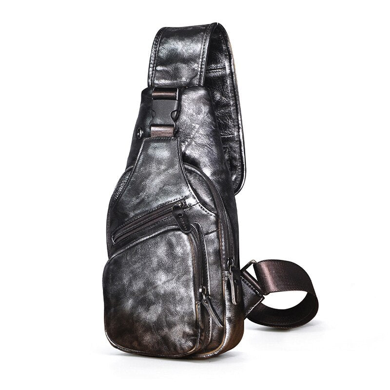 Hot Sale Soft Genuine Leather Fashion Triangle Sling Chest Bag For Men Female 8" Tablet Design One Shoulder Cross body Bag 8015