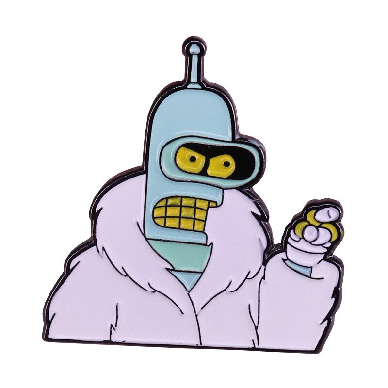 Flying out of a futuristic robot Bender brooch comedy animation badge